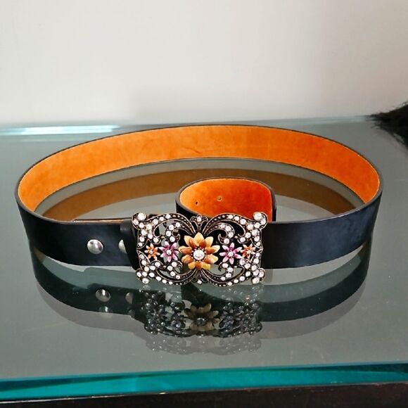 Vintage Black Leather Belt With Bejeweled Belt Buckle - Picture 2 of 5